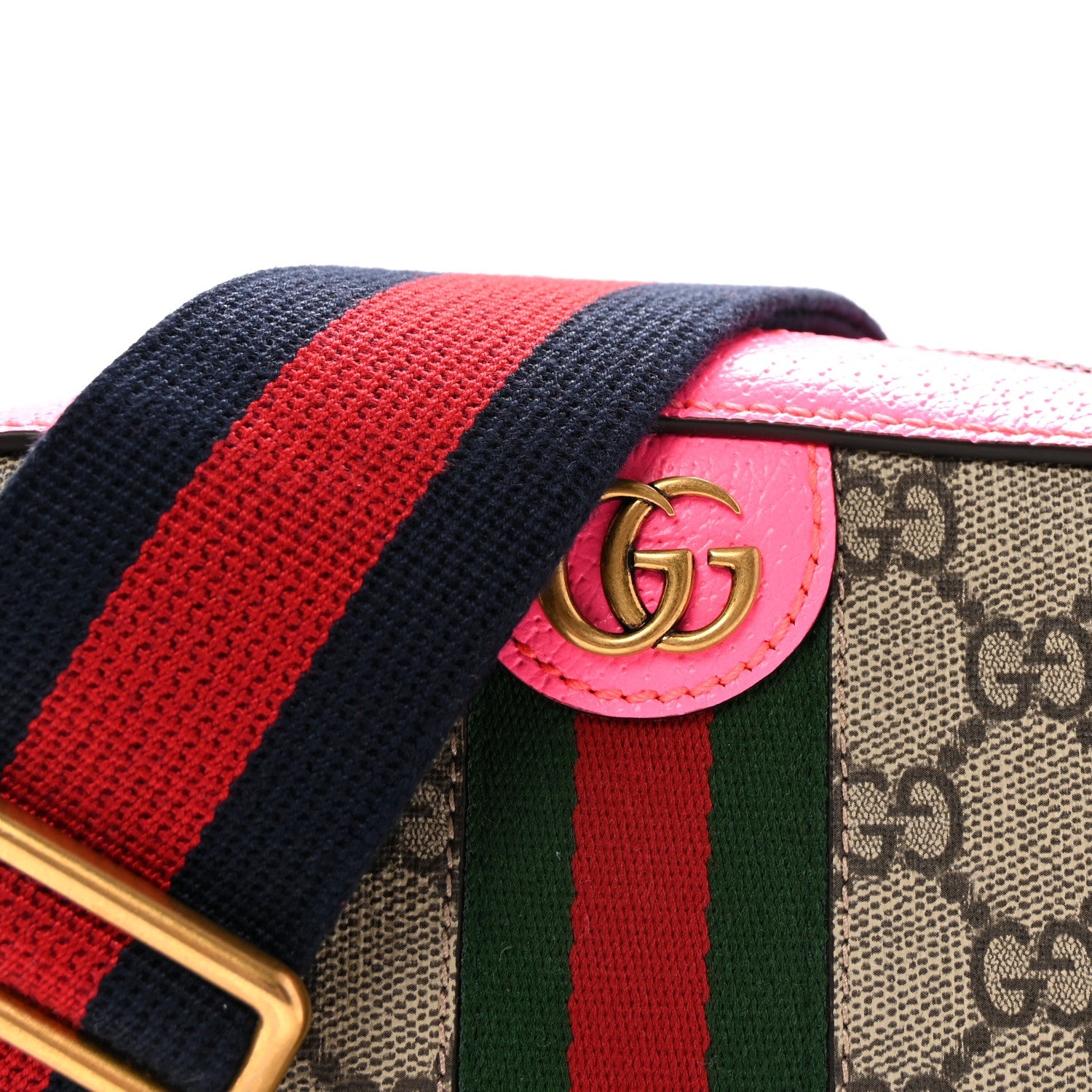 Gucci GG Supreme Monogram Textured Dollar Calfskin Web Ophidia Small Crossbody Bag Beige Ebony Fuchsia