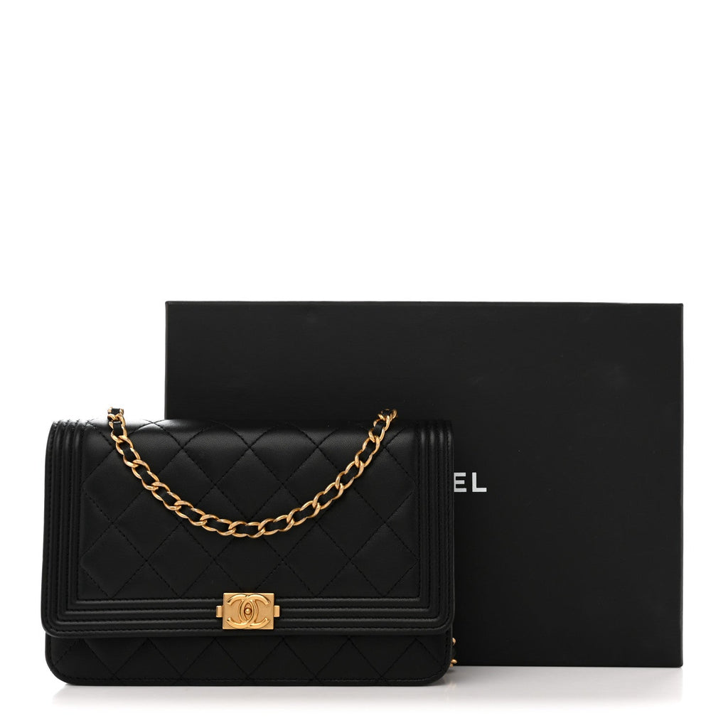 Chanel Lambskin Quilted Boy Wallet On Chain WOC Black