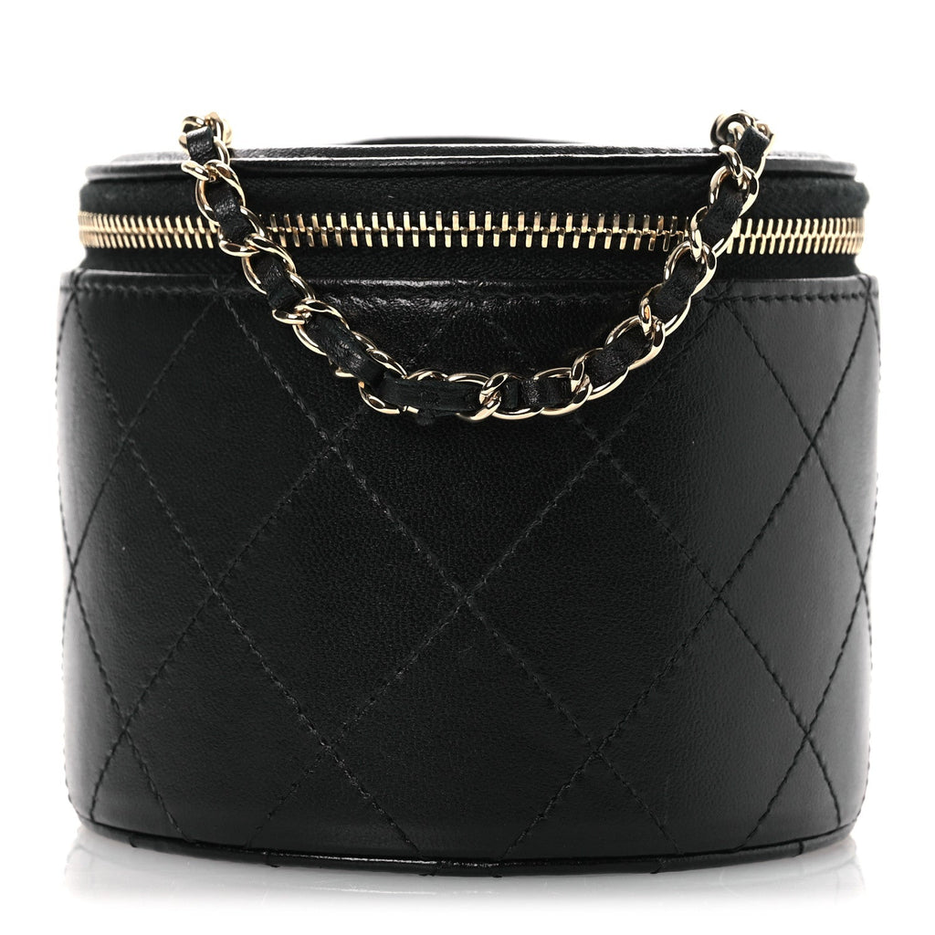 Chanel Lambskin Quilted Round Small Vanity Case With Chain Black