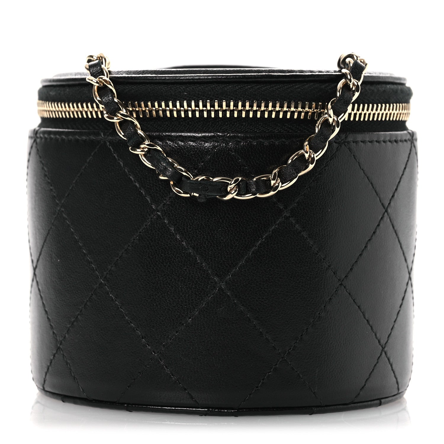 Chanel Lambskin Quilted Round Small Vanity Case With Chain Black