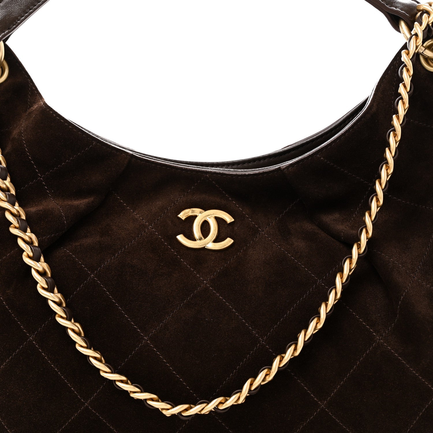 Chanel Suede Calfskin Lambskin Quilted Maxi Hobo Dark Brown