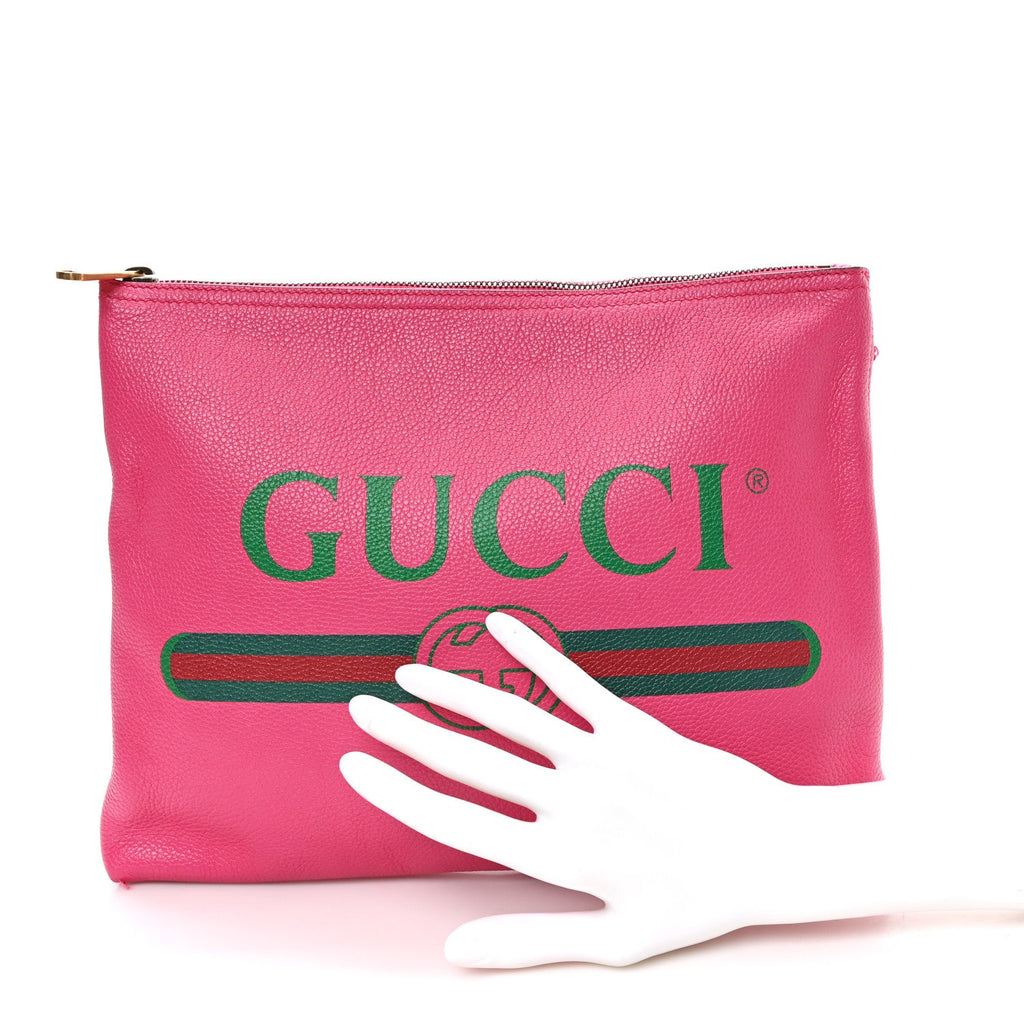 Gucci Pebbled Calfskin Medium Logo Portfolio Clutch Pink Green