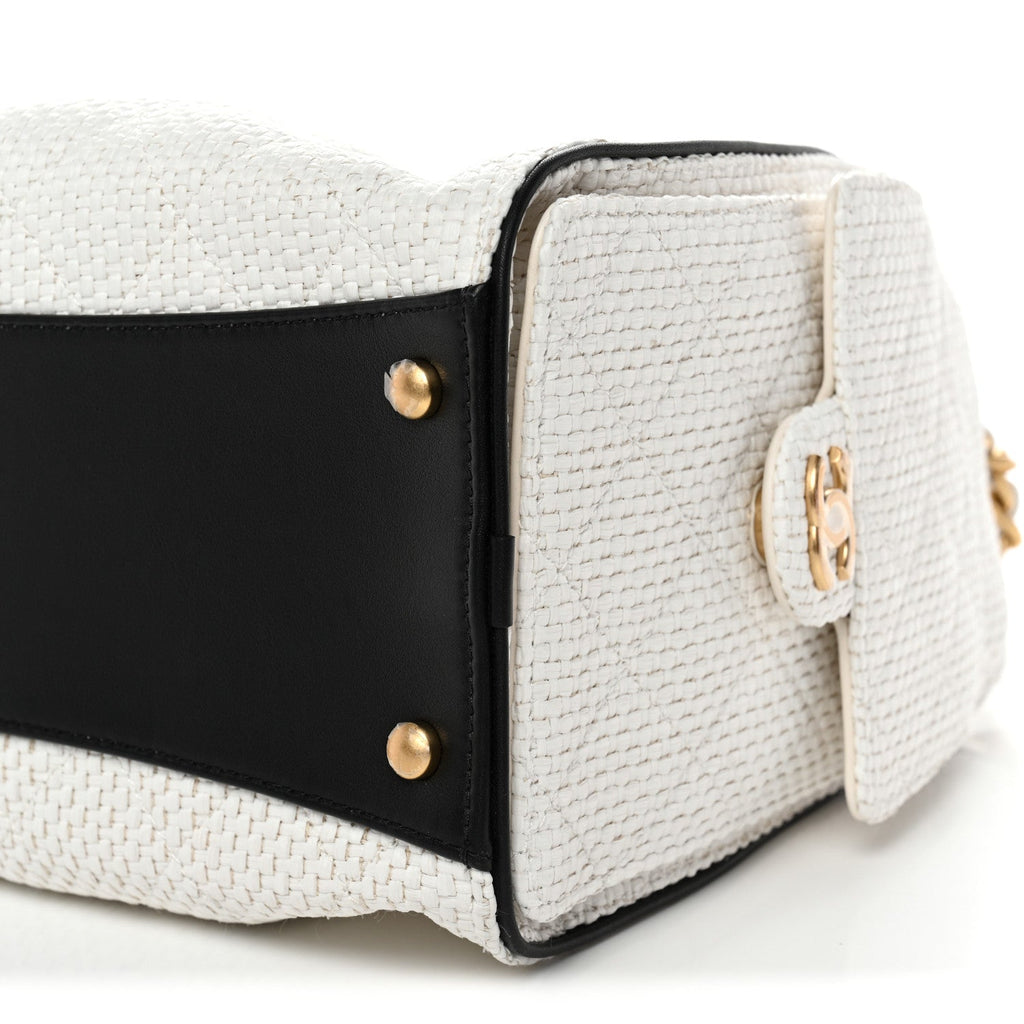 Chanel Braided Raffia Calfskin Quilted Small Chanel 25 Handbag White Black
