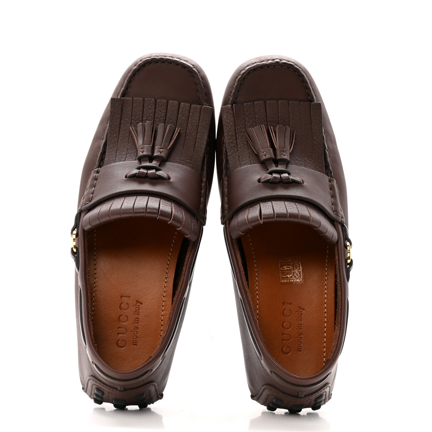 Gucci Calfskin Fringe Interlocking G Mens Driver Loafers 8 Brown