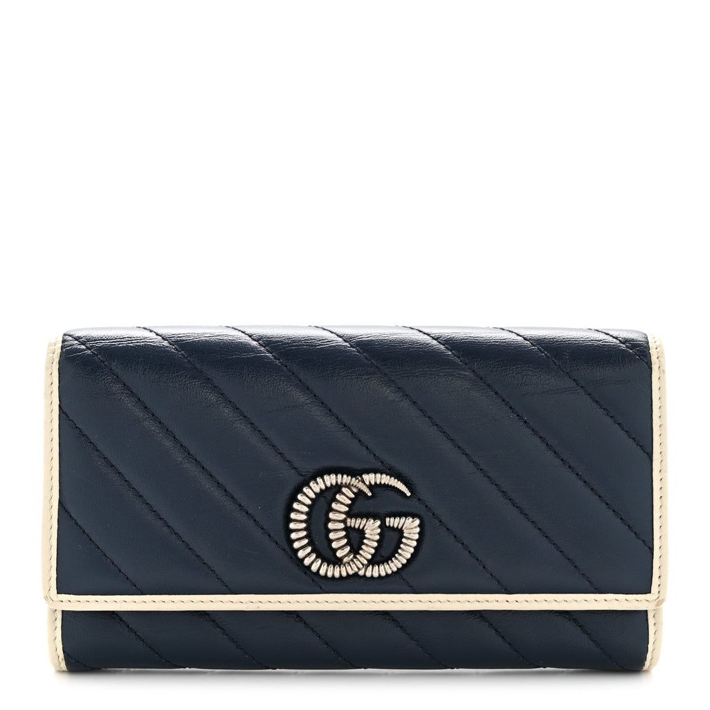 Gucci Vintage Effect Calfskin Matelasse Diagonal Torchon GG Marmont Continental Wallet Blue Agata Mystic White