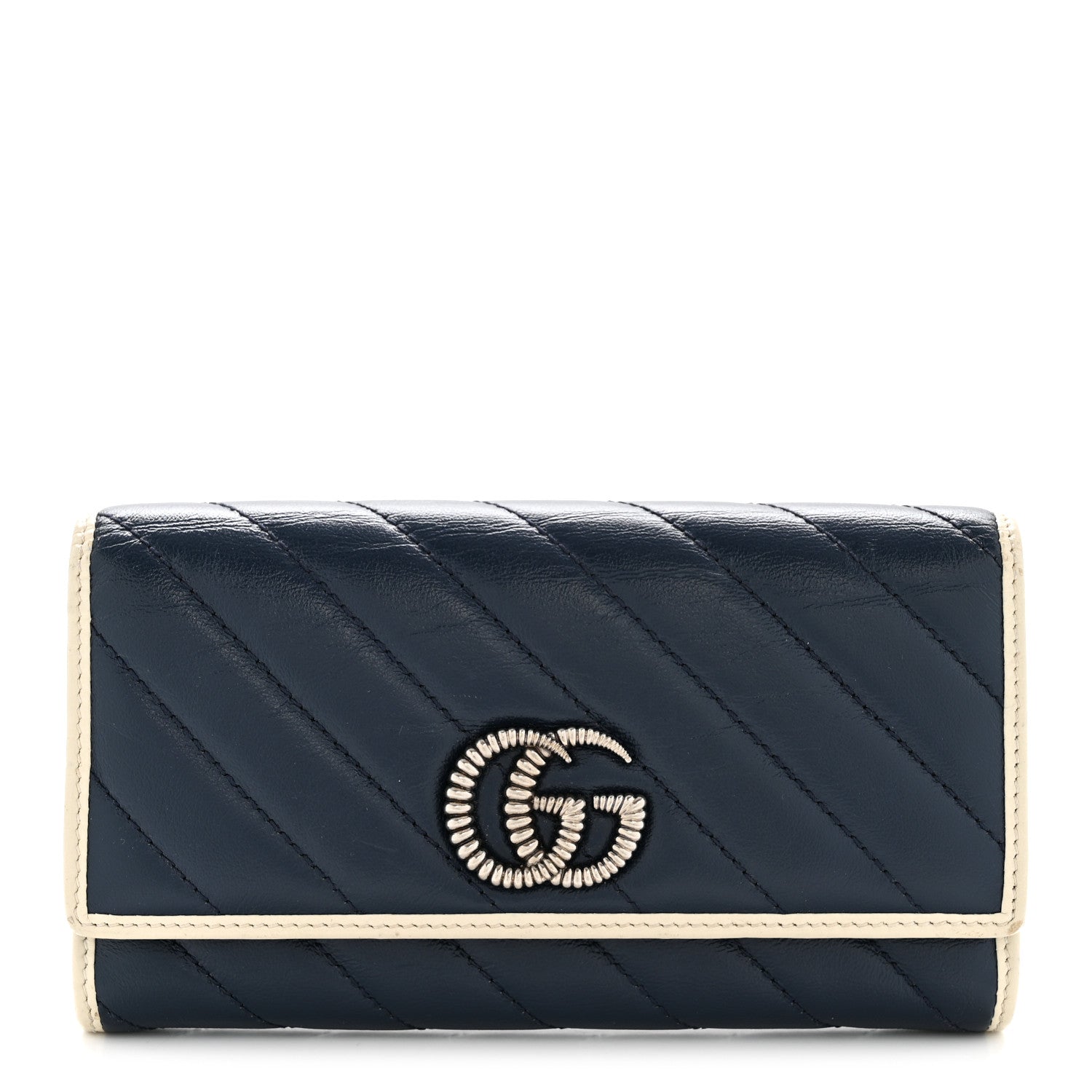 Gucci Vintage Effect Calfskin Matelasse Diagonal Torchon GG Marmont Continental Wallet Blue Agata Mystic White
