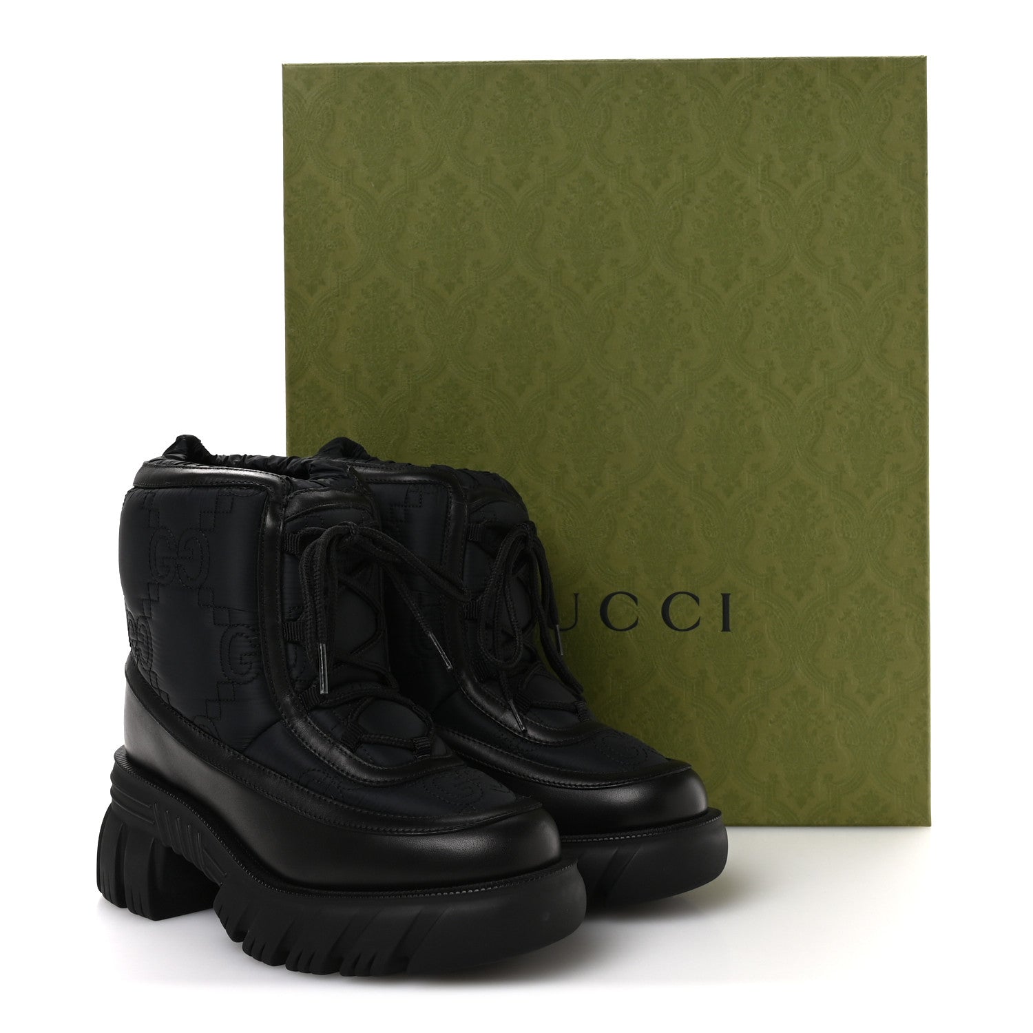 Gucci Nylon Calfskin GG Matelasse Lace Up Platform Ankle Boots 37 Black