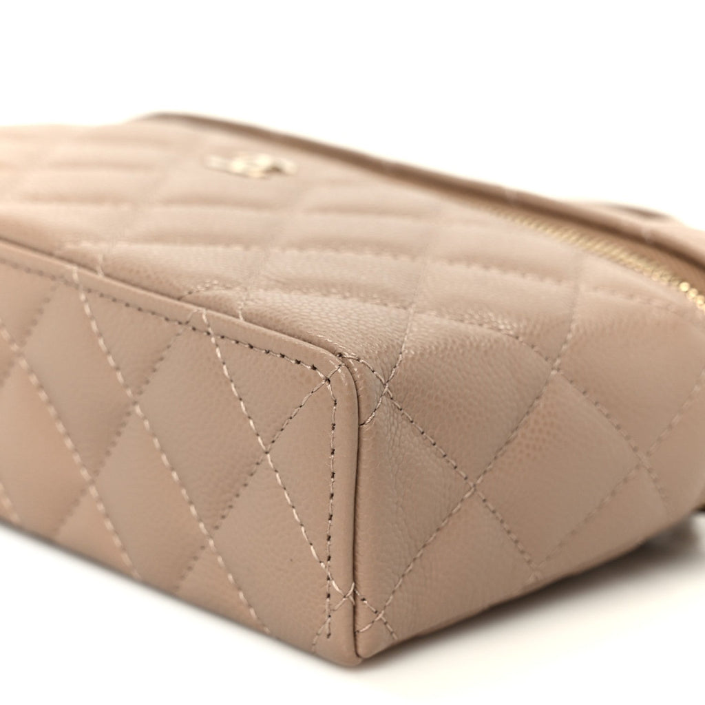 Chanel Caviar Quilted Top Handle Slim Vanity With Chain Dark Beige