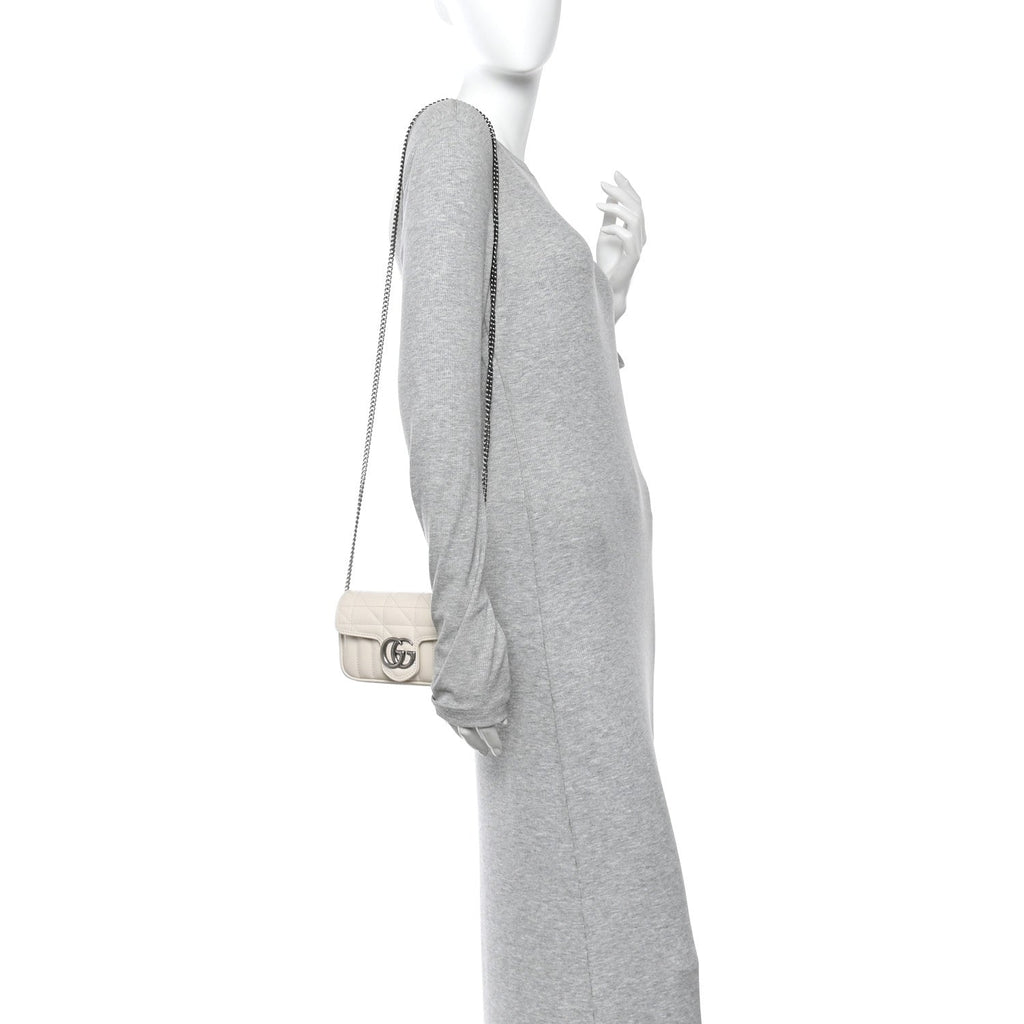 Gucci Calfskin Matelasse Aria Super Mini GG Marmont Shoulder Bag Mystic White