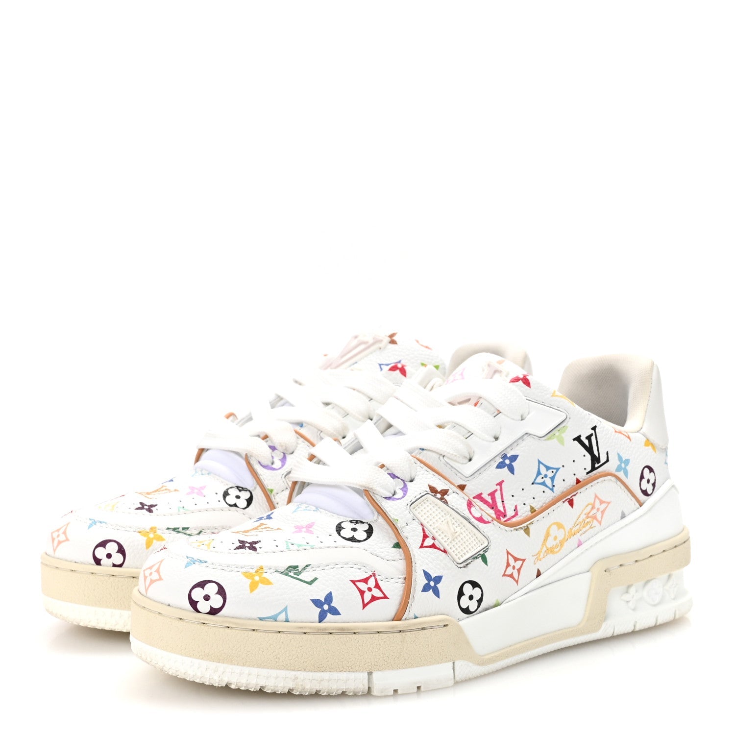 Louis Vuitton LV X TM Calfskin Monogram Multicolor Womens LV Trainer Sneakers 37.5 White