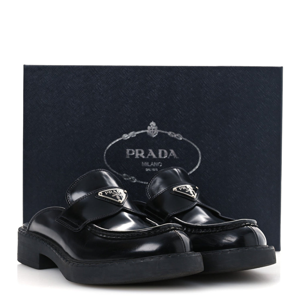Prada Spazzolato Triangle 40mm Loafer Mules 37 Black