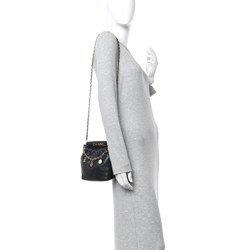 Chanel Lambskin Resin Quilted Small Bucket Bag Black