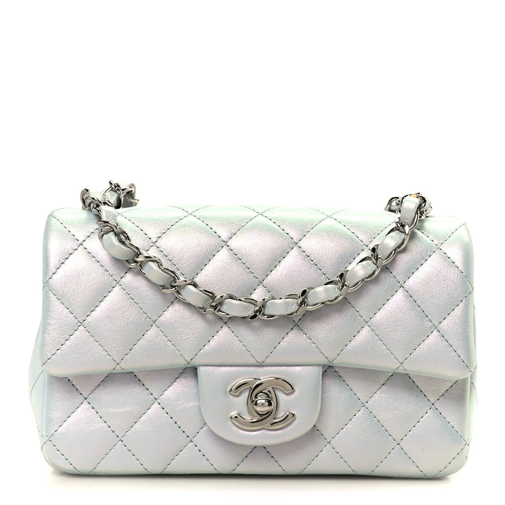 Chanel Iridescent Calfskin Quilted Mini Rectangular Flap Light Blue