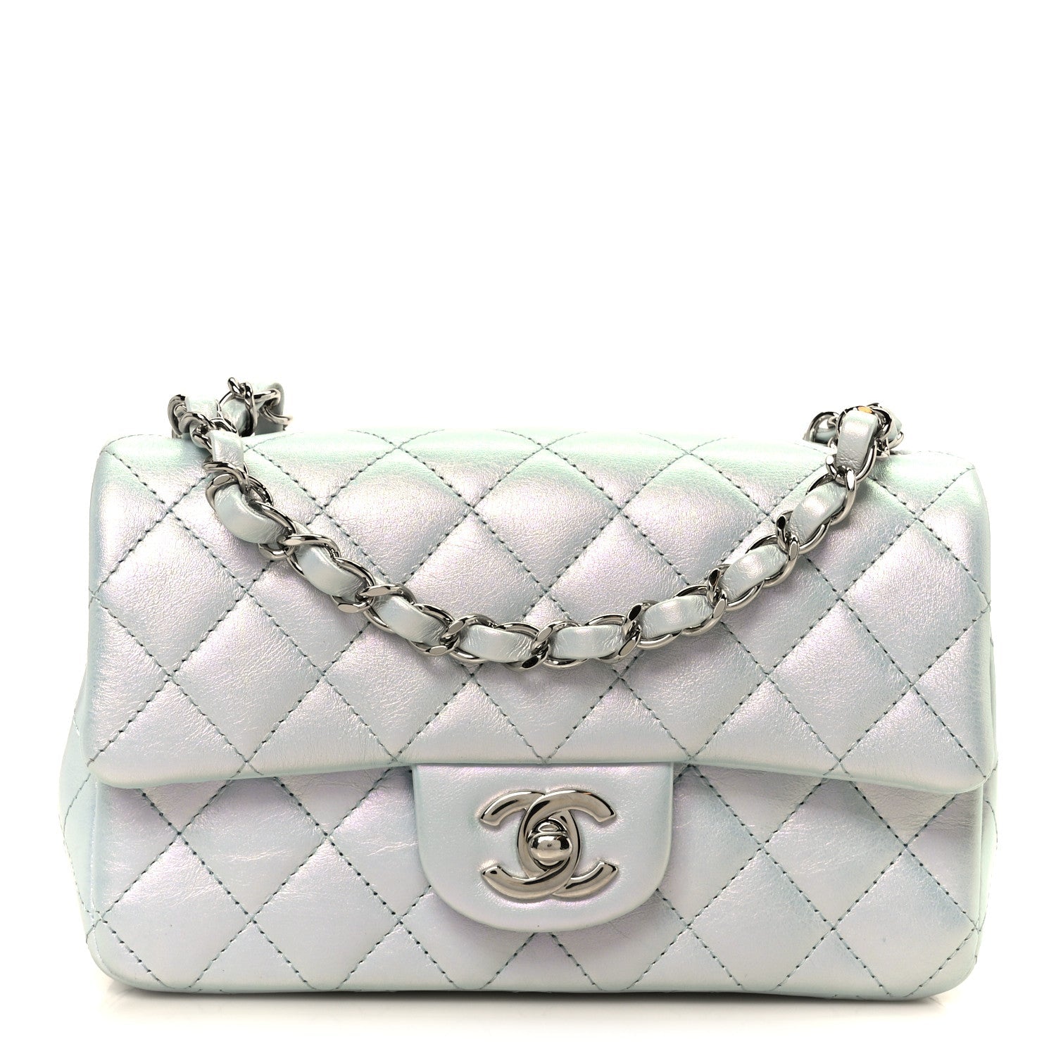 Chanel Iridescent Calfskin Quilted Mini Rectangular Flap Light Blue