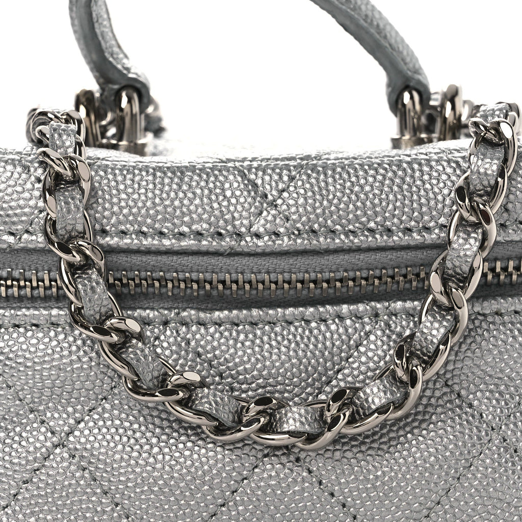 Chanel Metallic Caviar Quilted Mini Top Handle Vanity With Chain Silver