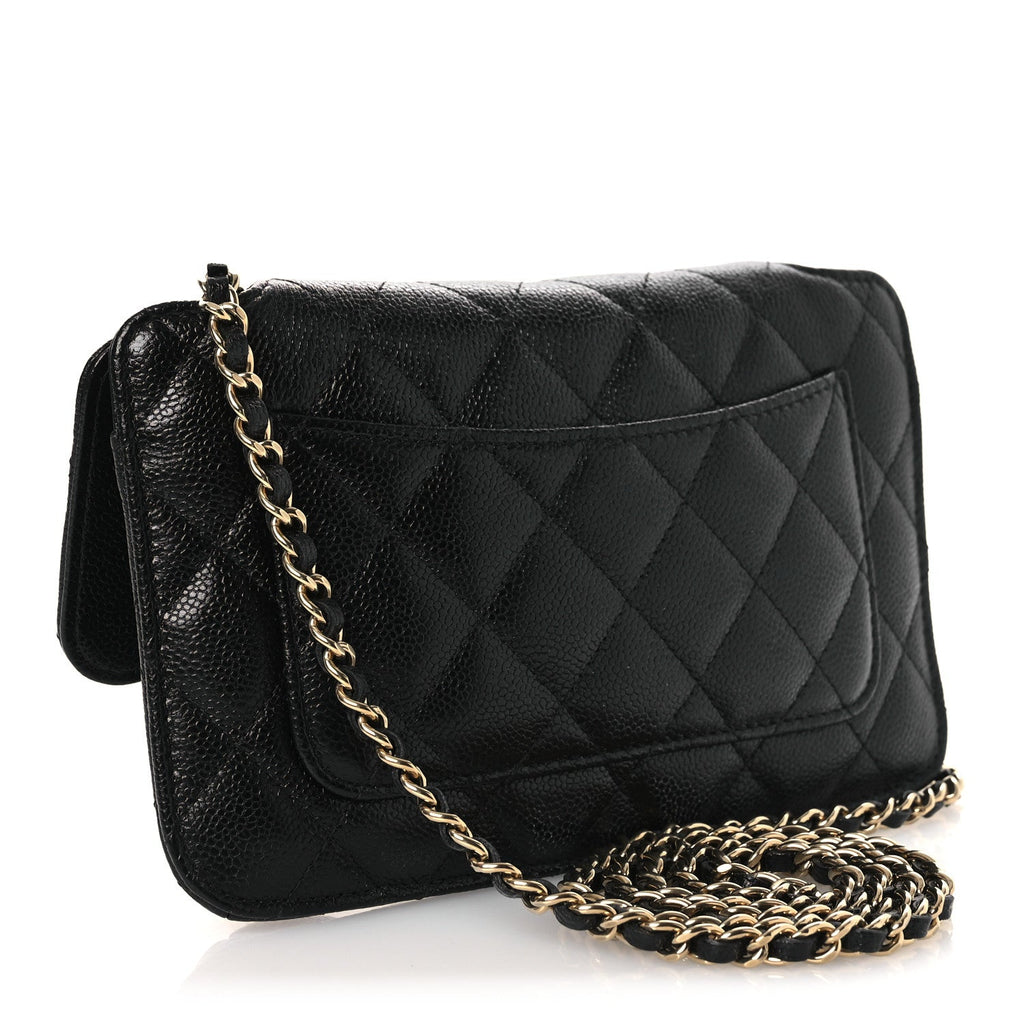 Chanel Caviar Fabric Foldable Tote Bag With Chain Black Multicolor