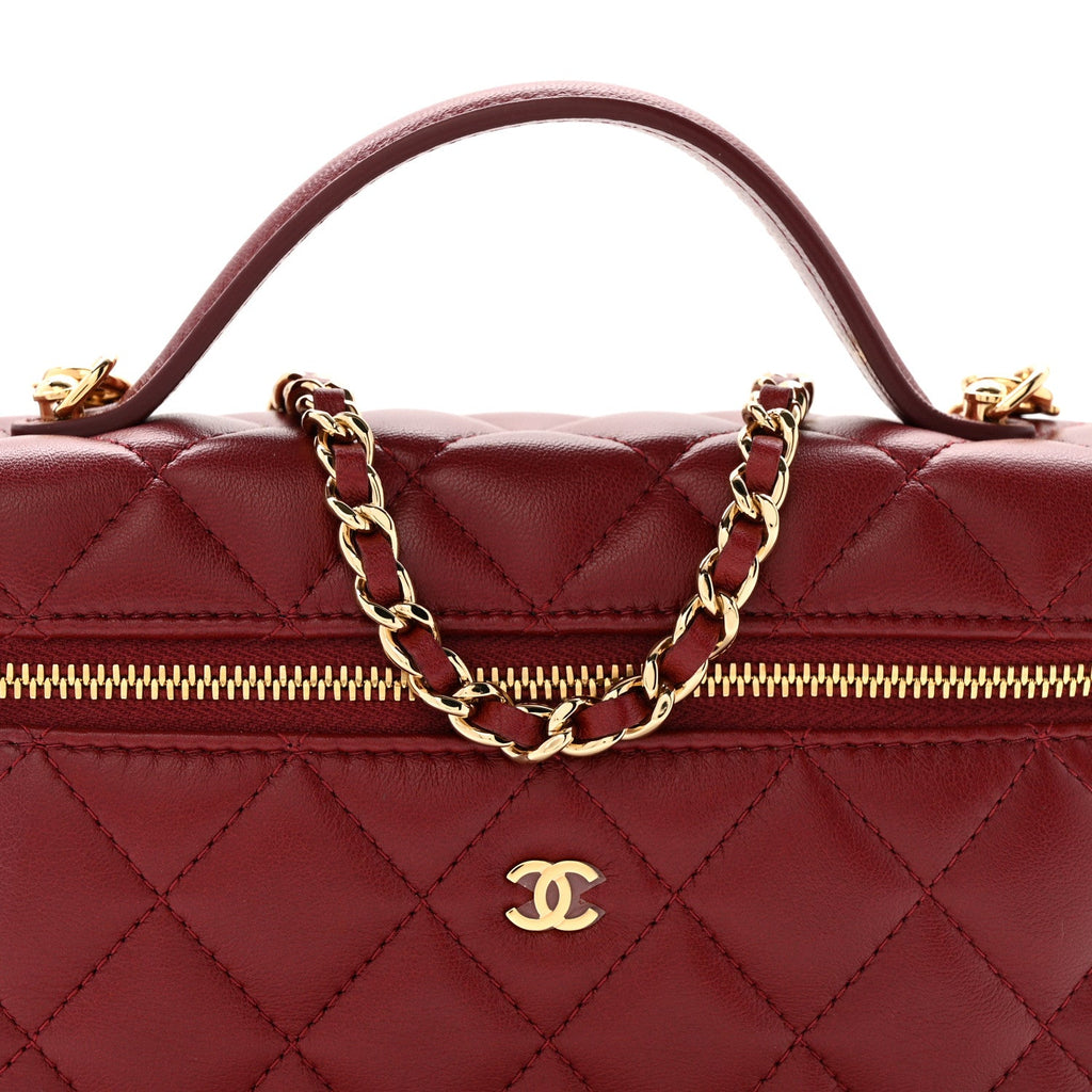 Lambskin Quilted Top Handle Slim Vanity With Chain Burgundy