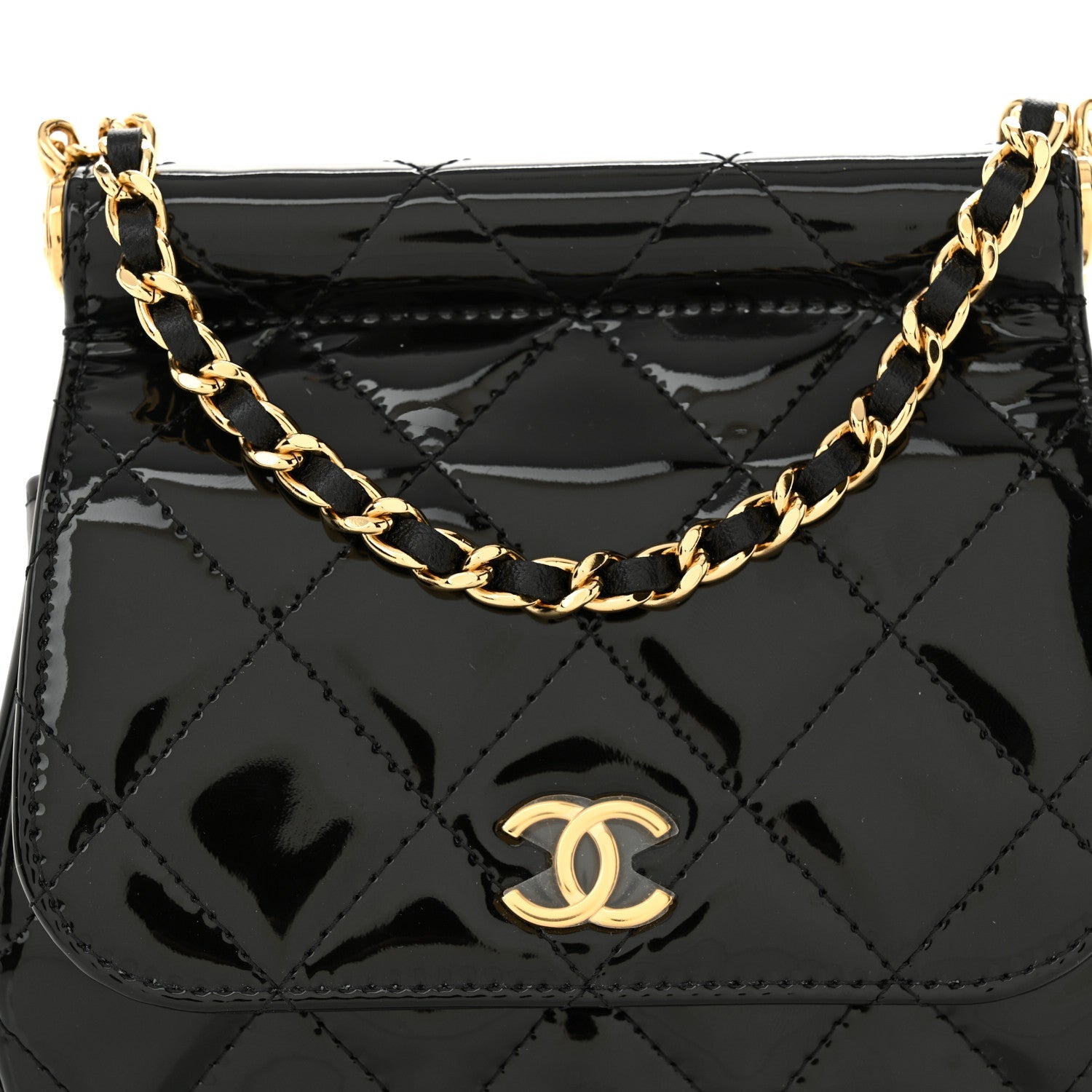 Chanel Patent Quilted Frame Clutch Flap With Chain Black