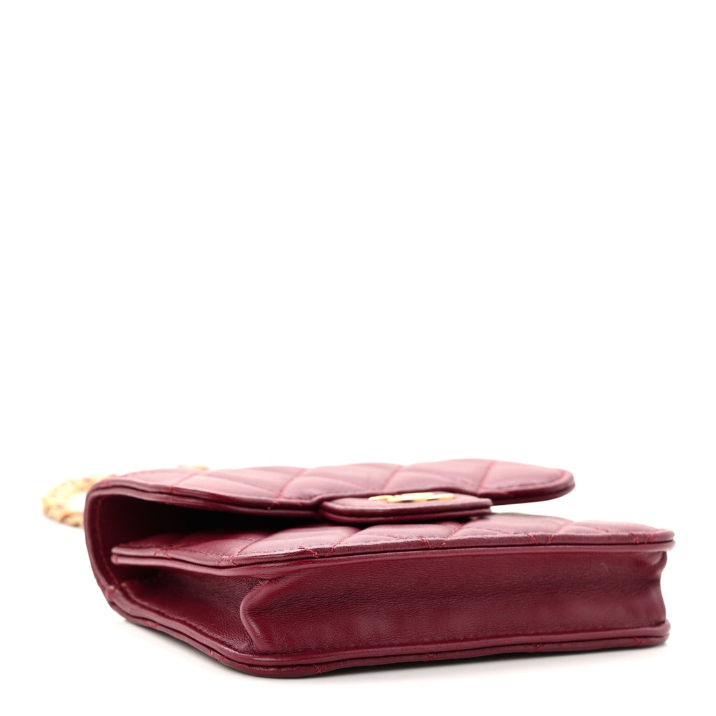 Chanel Lambskin Quilted Top Handle Flap Coin Purse With Chain Burgundy