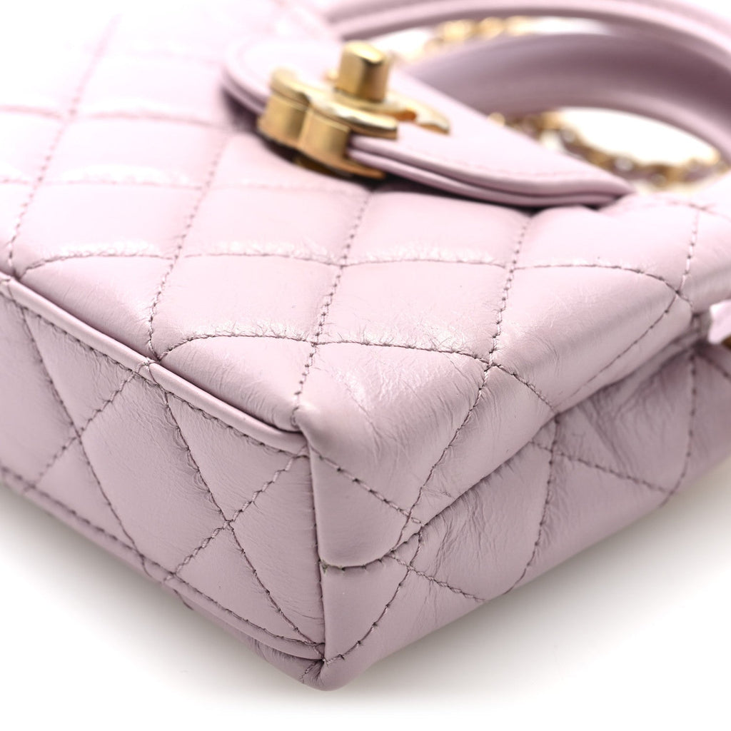 Chanel Shiny Aged Calfskin Quilted Mini Nano Kelly Shopper Light Pink