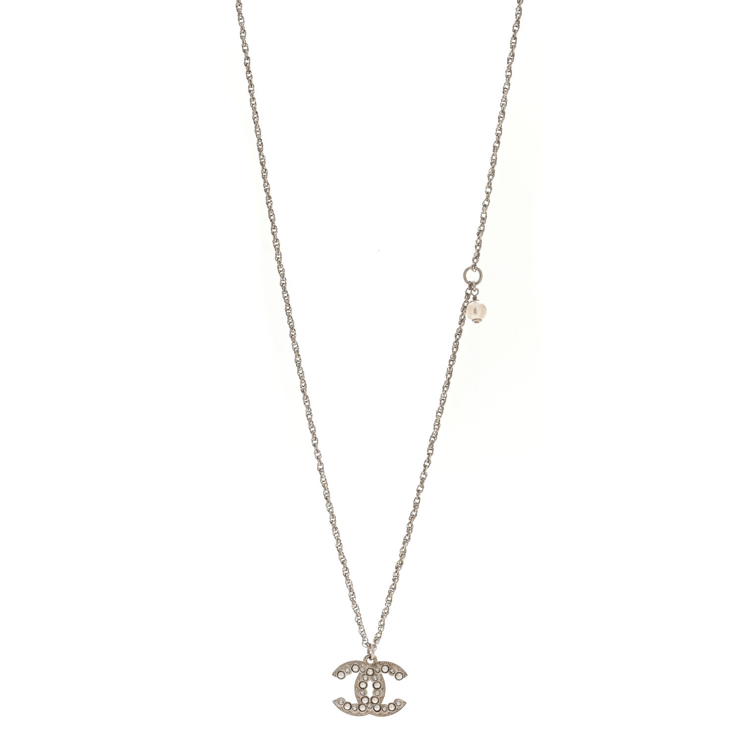 Crystal Pearl CC Pendant Necklace Silver
