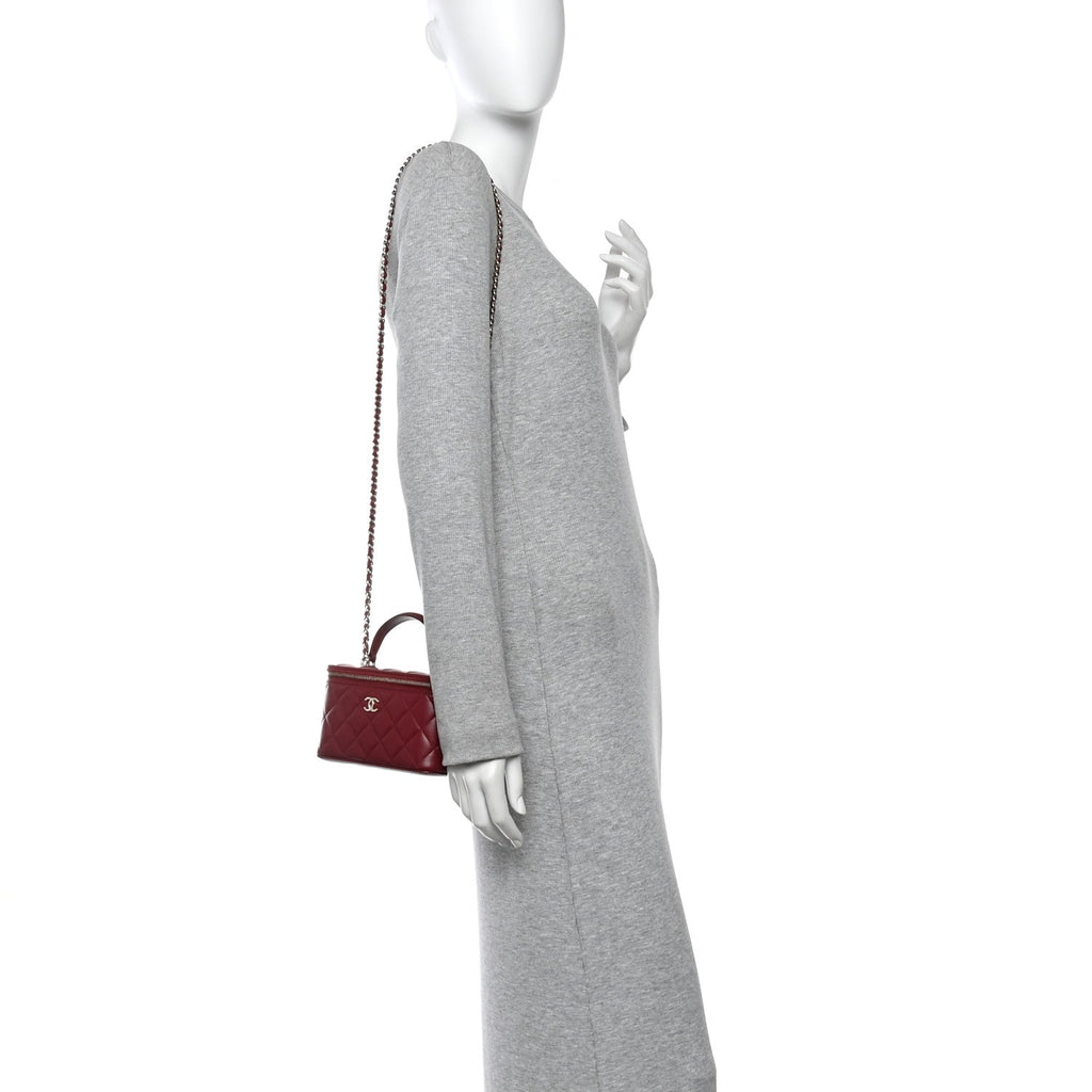 Chanel Lambskin Quilted Small Top Handle Vanity Case With Chain Burgundy