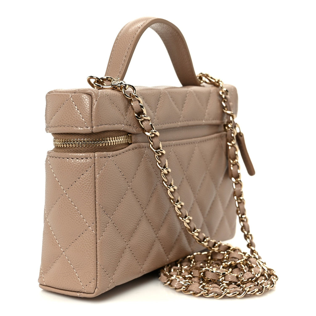 Chanel Caviar Quilted Top Handle Slim Vanity With Chain Dark Beige