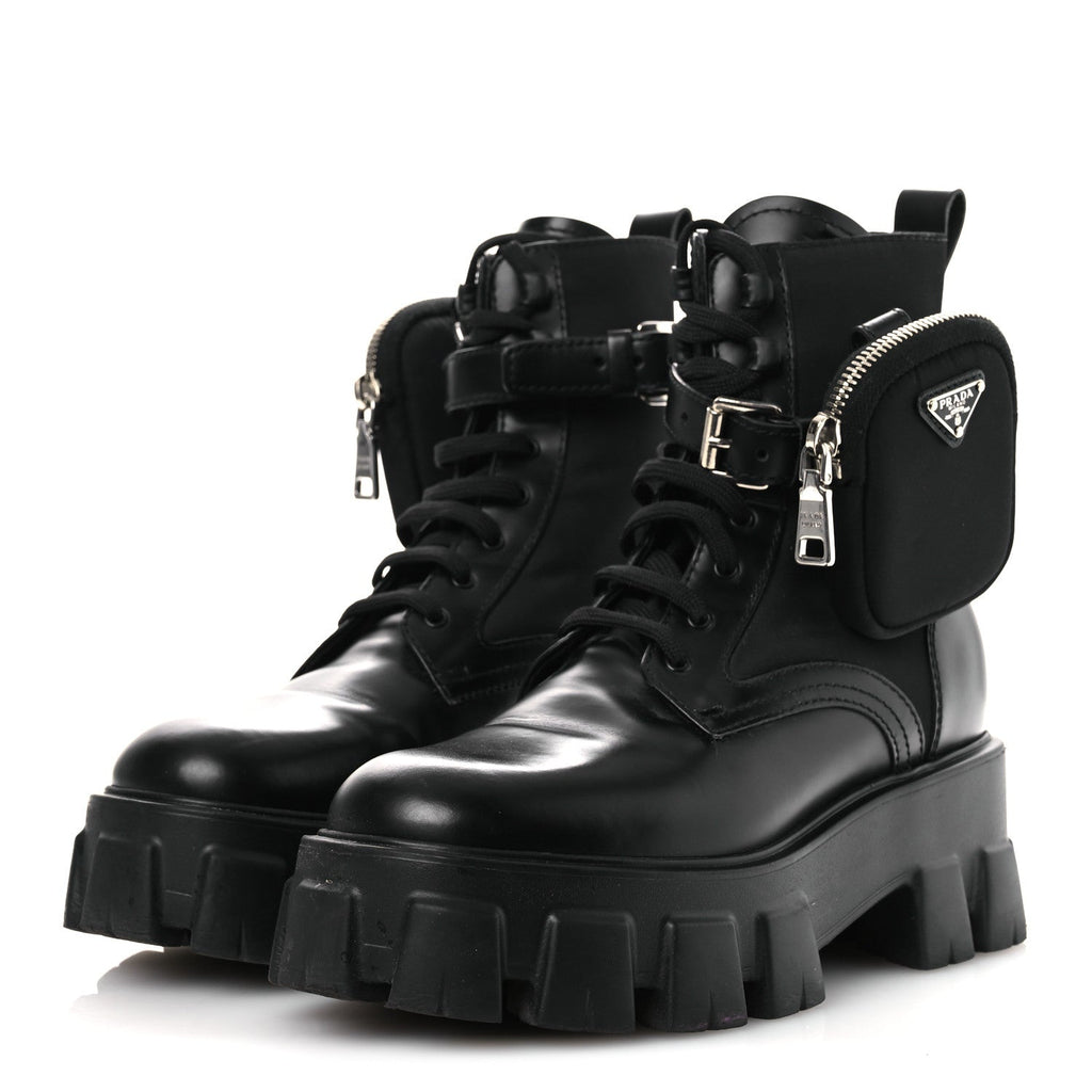 Prada Spazzolato Rois Nylon Metal Triangle Logo Monolith Pouch Pocket 55mm Boots 37 Black