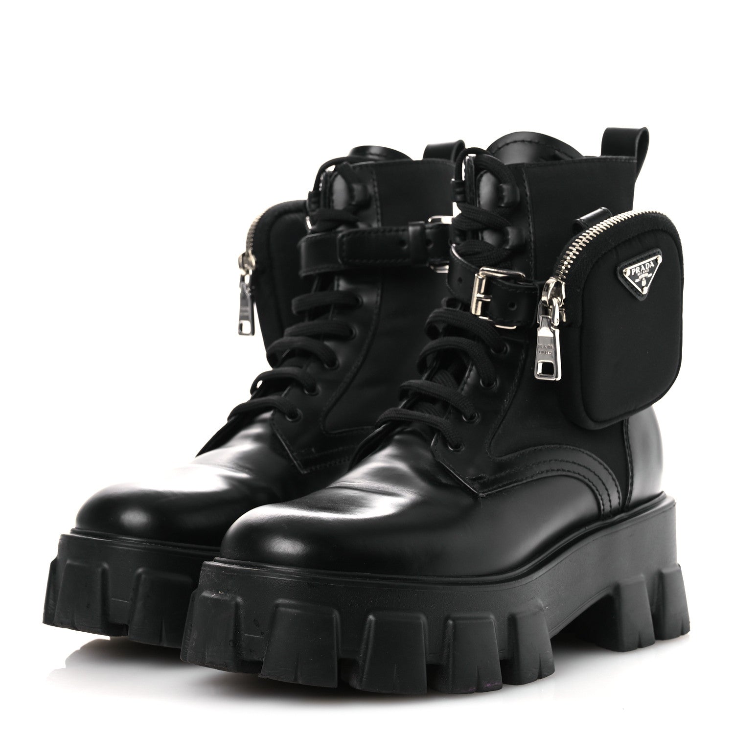 Prada Spazzolato Rois Nylon Metal Triangle Logo Monolith Pouch Pocket 55mm Boots 37 Black