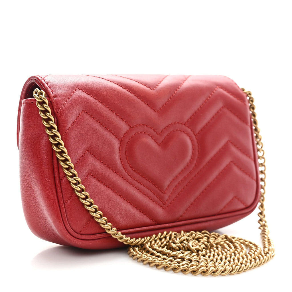 Gucci Calfskin Matelasse Super Mini GG Marmont Shoulder Bag Hibiscus Red