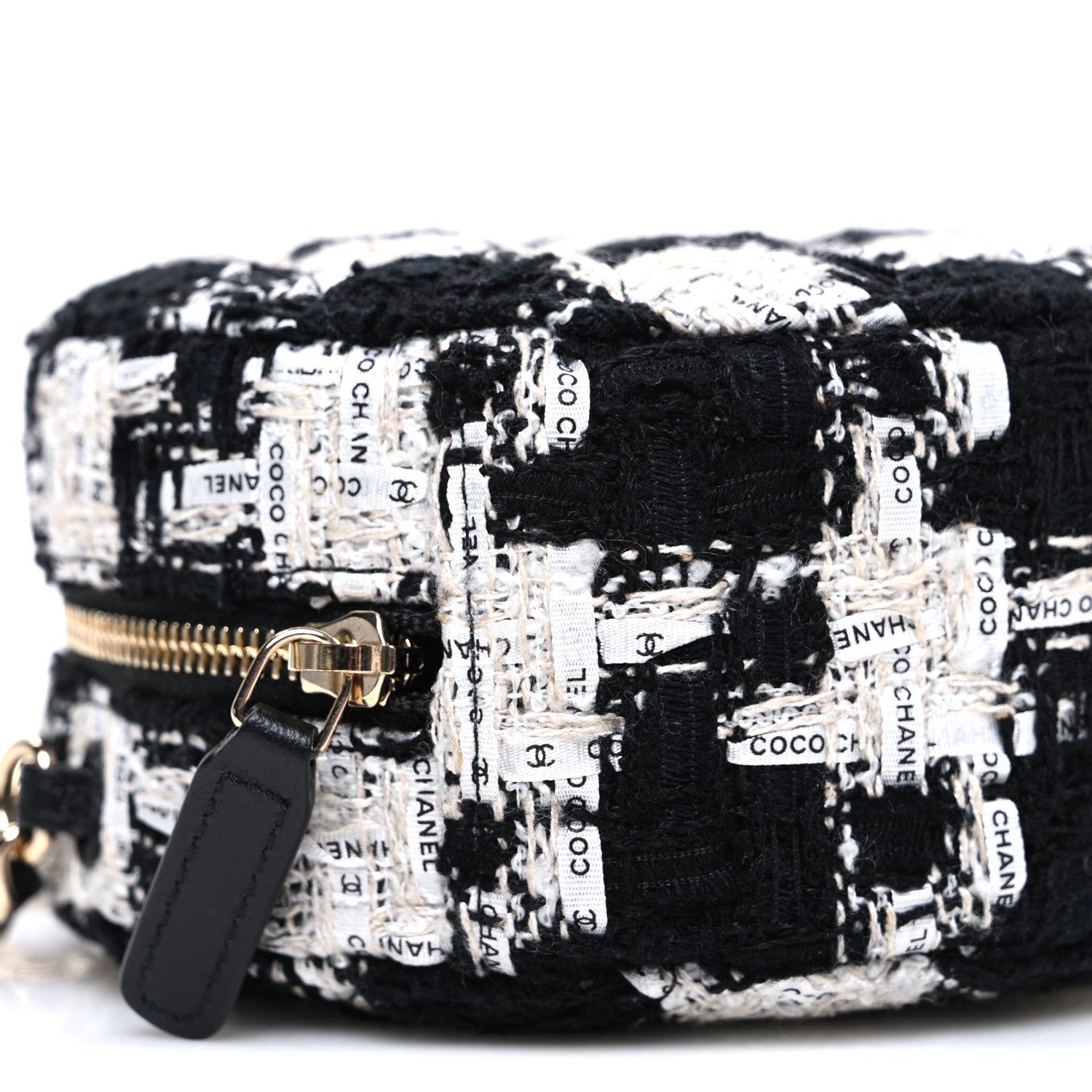Chanel Tweed Quilted Round Clutch With Chain Black Ecru White