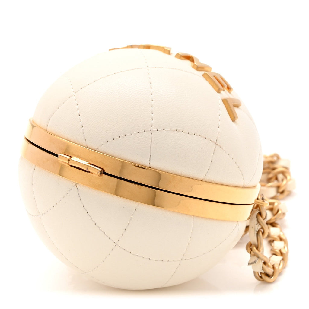 Chanel Lambskin Quilted Sphere Minaudiere Chain Clutch White