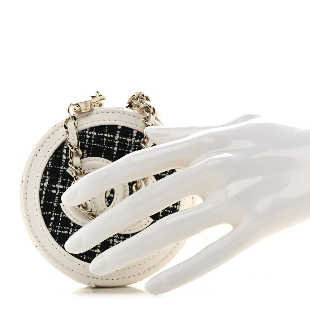 Chanel Tweed Quilted Round Filigree Pouch With Chain White Black