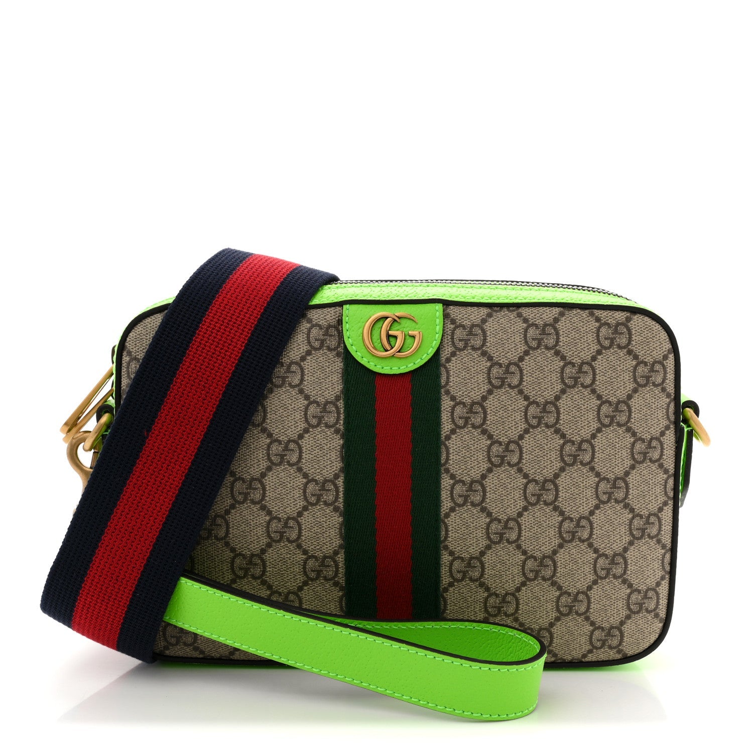 Gucci GG Supreme Monogram Textured Dollar Calfskin Web Ophidia Wristlet Shoulder Bag Beige Ebony Green