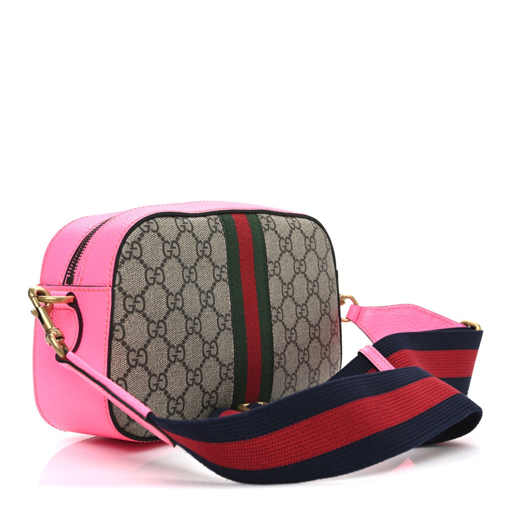 Gucci GG Supreme Monogram Textured Dollar Calfskin Web Ophidia Small Crossbody Bag Beige Ebony Fuchsia