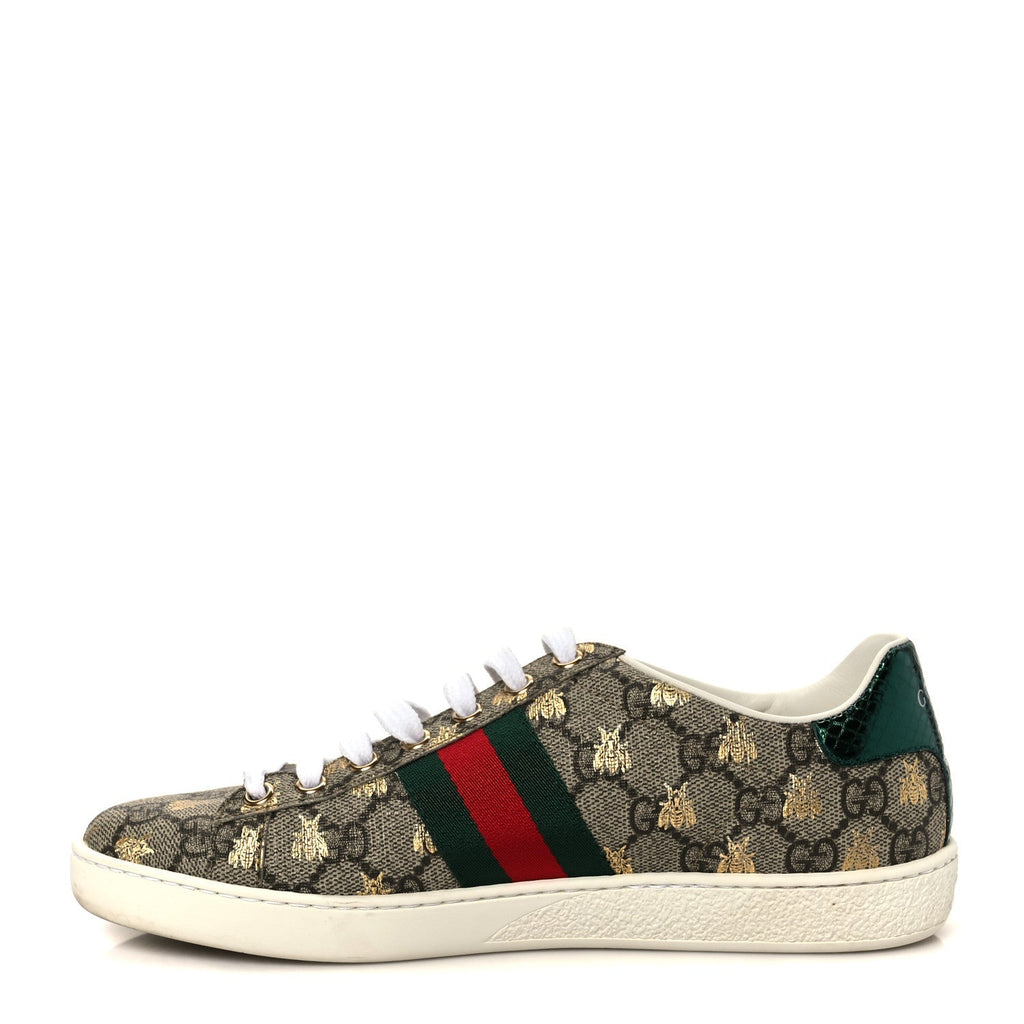 Gucci GG Supreme Monogram Bees Ayers Web Womens Ace Sneakers 37 Beige Oro Green Red