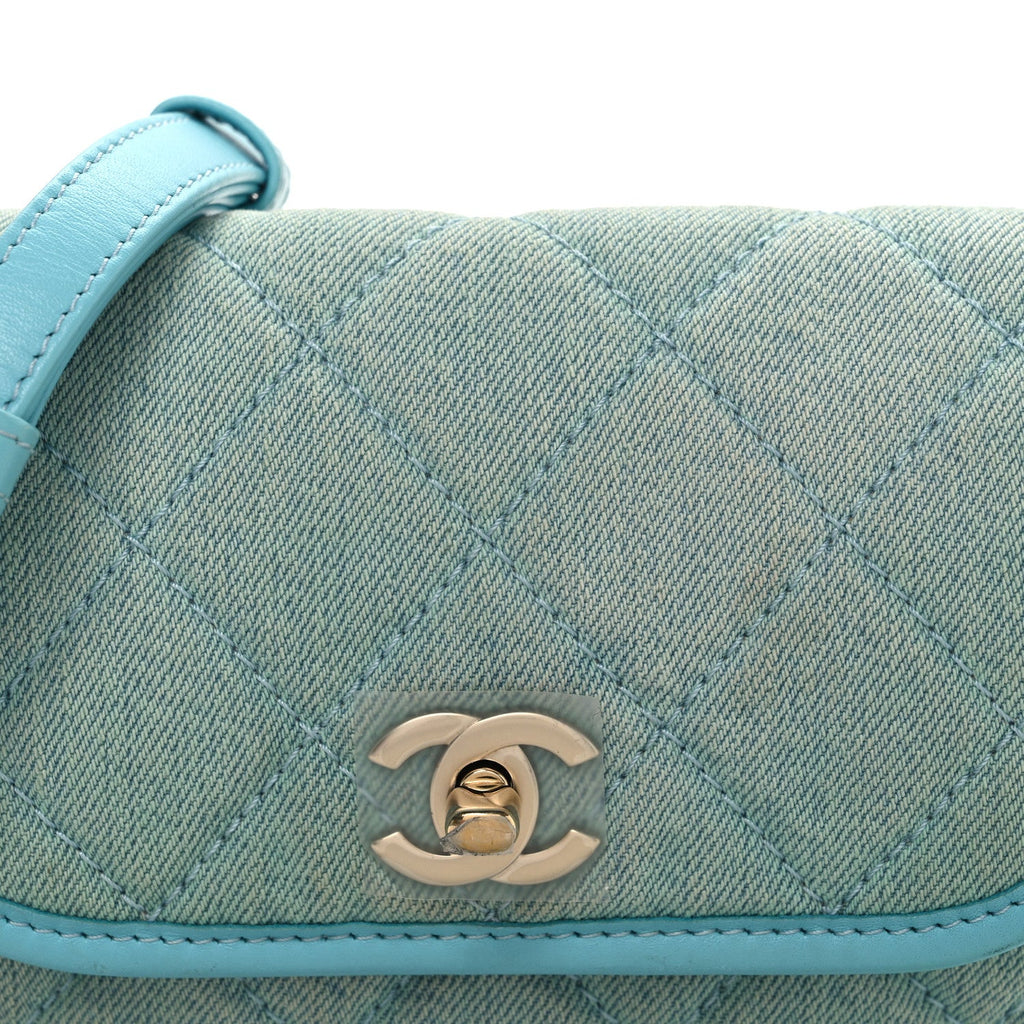 Chanel Denim Quilted Small Messenger Flap Neon Blue