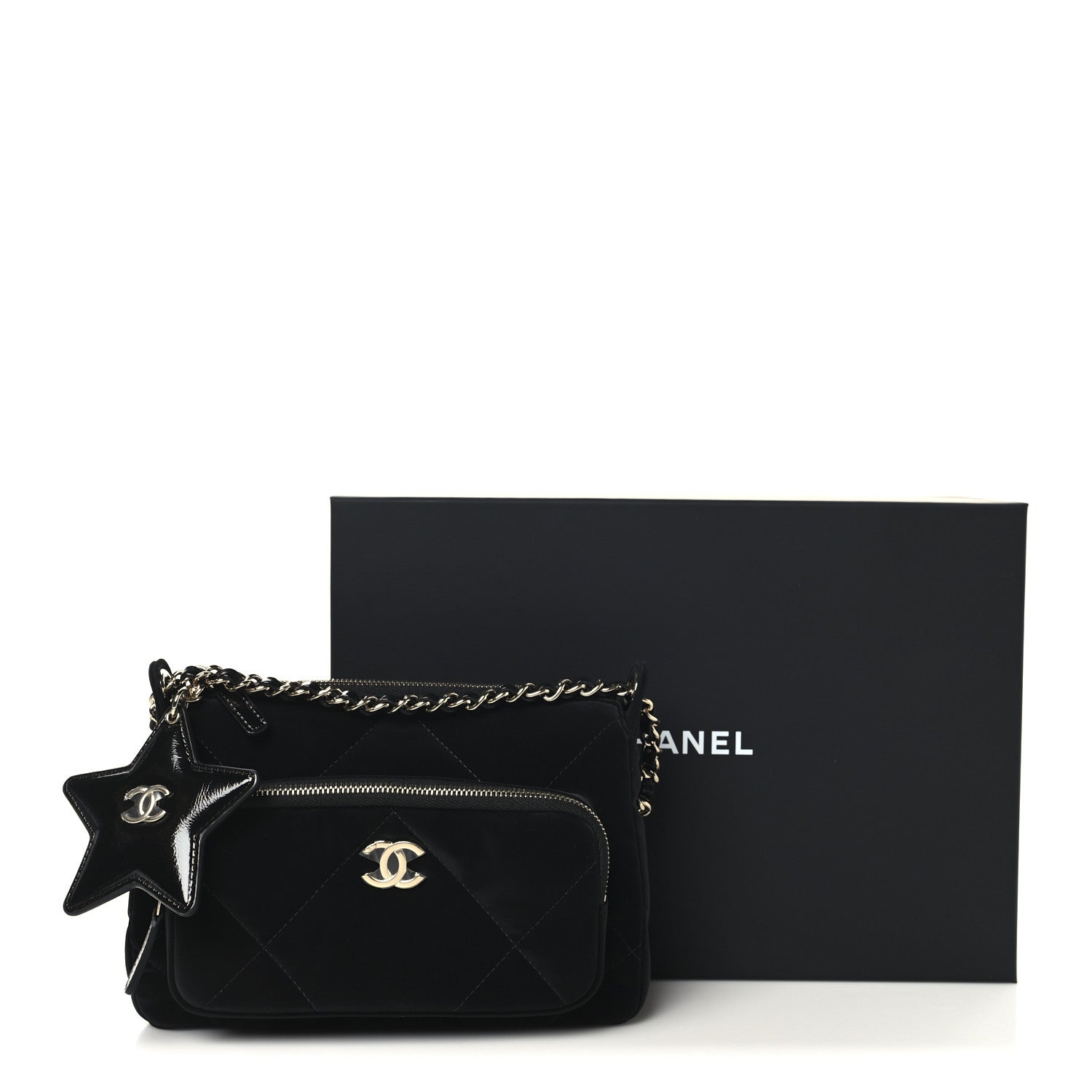 Chanel Velvet Effect Nylon Shiny Crumpled Calfskin Quilted Chanel 25 Clutch With Chain Black