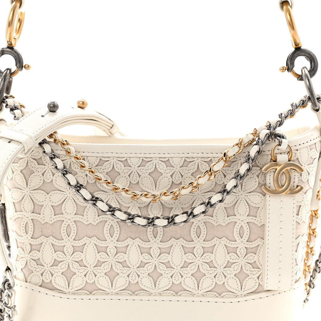 Chanel Calfskin Wool Felt Embossed Small Gabrielle Logo Hobo White