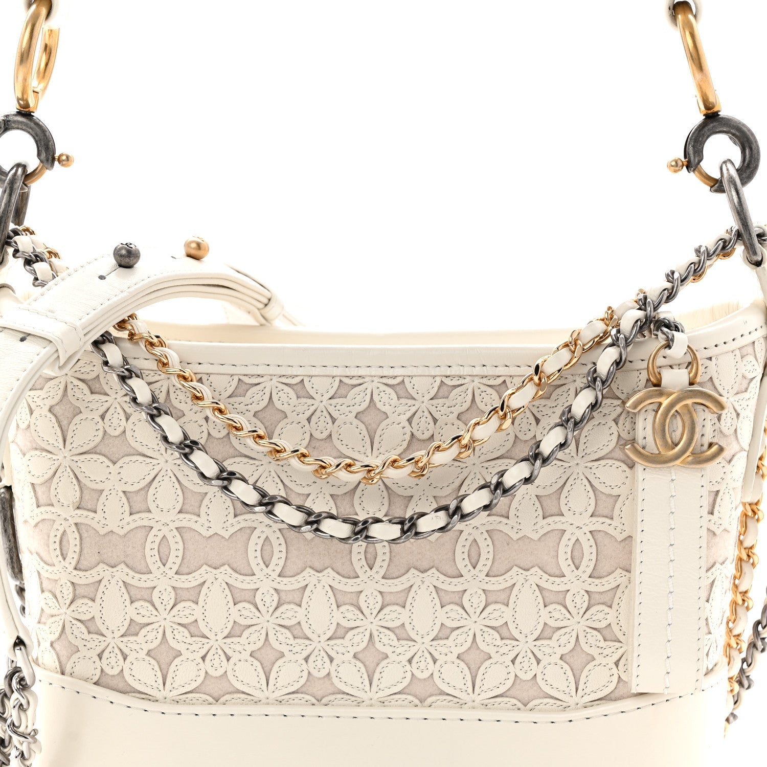 Chanel Calfskin Wool Felt Embossed Small Gabrielle Logo Hobo White