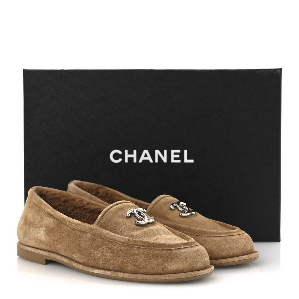 Chanel Suede Calfskin CC Loafers 36.5 Dark Beige