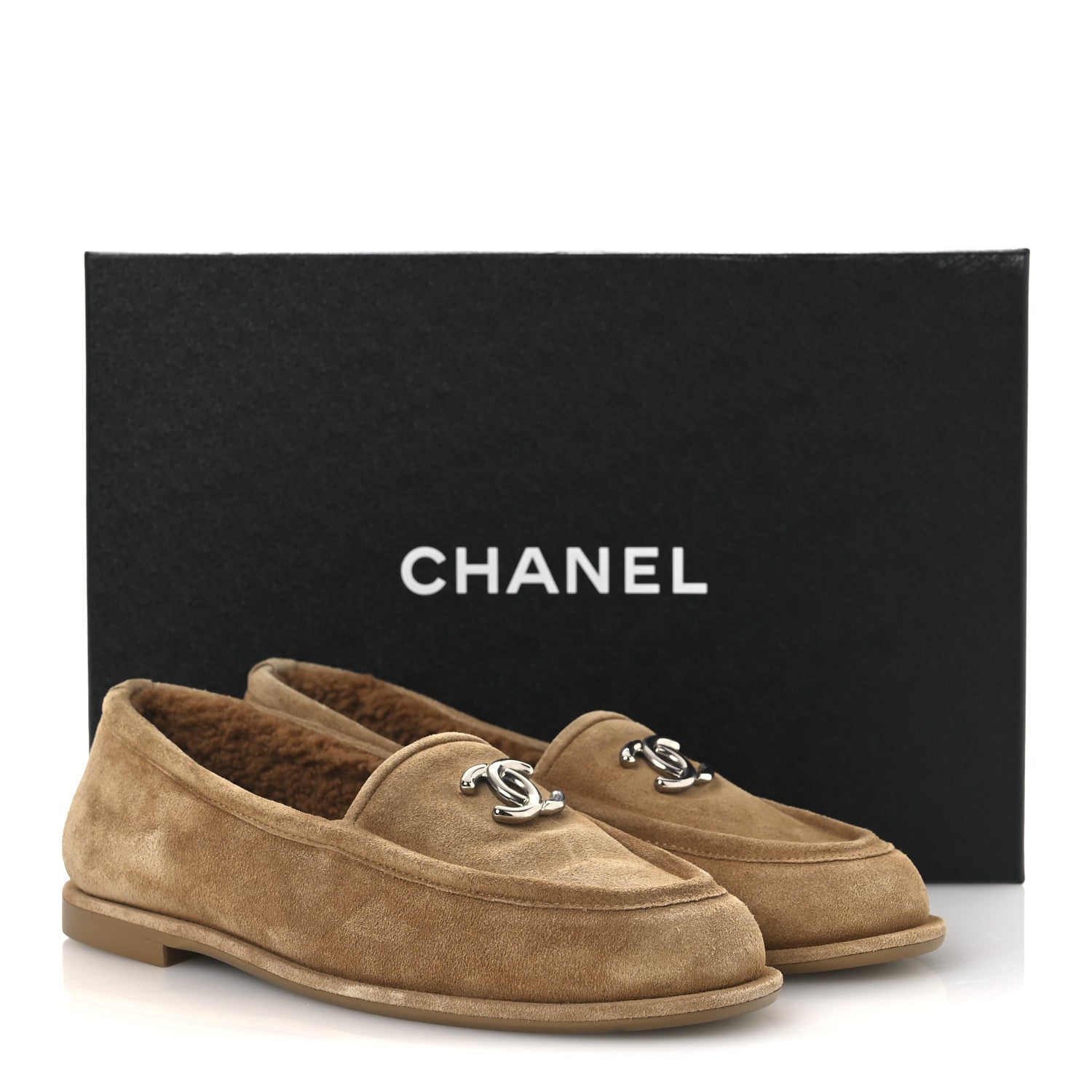 Chanel Suede Calfskin CC Loafers 36.5 Dark Beige