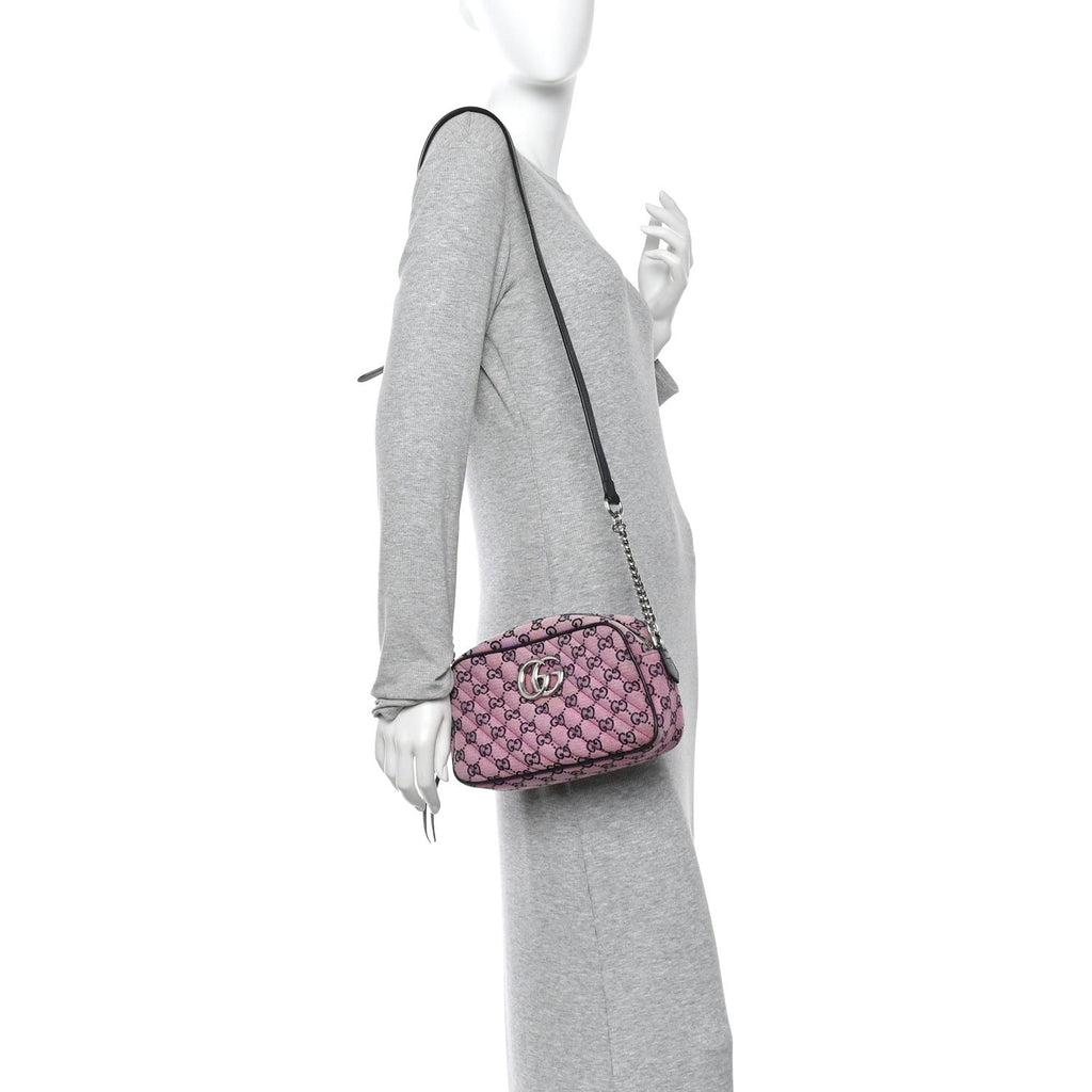 Gucci Monogram Multicolor Matelasse Diagonal Small GG Marmont Chain Shoulder Bag Pink Blue