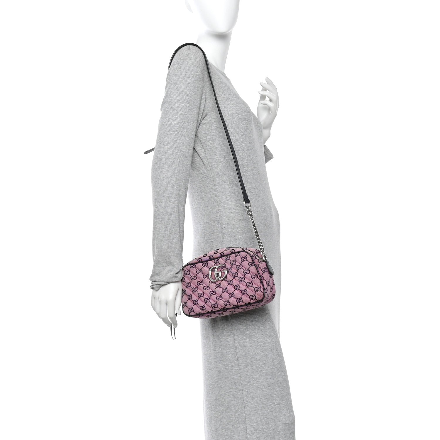 Gucci Monogram Multicolor Matelasse Diagonal Small GG Marmont Chain Shoulder Bag Pink Blue