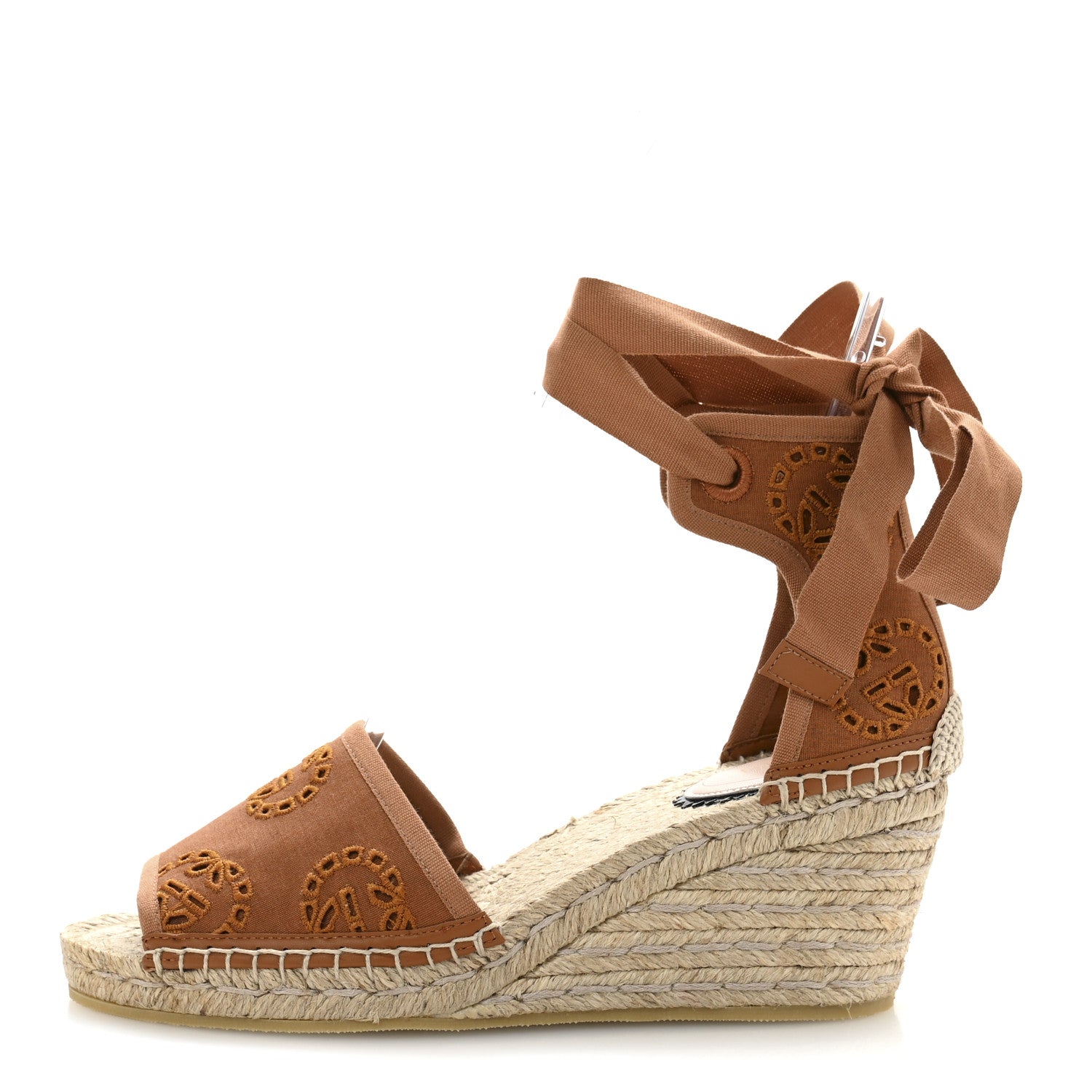 Gucci Canvas Damita GG Eyelet Espadrille Wedge Sandals 37.5 Blondie Cognac