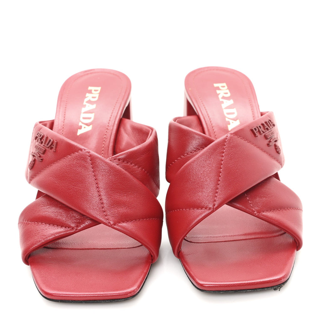 Prada Nappa Logo Quilted Crisscross 65mm Block Heel Slide Sandals 36.5 Red