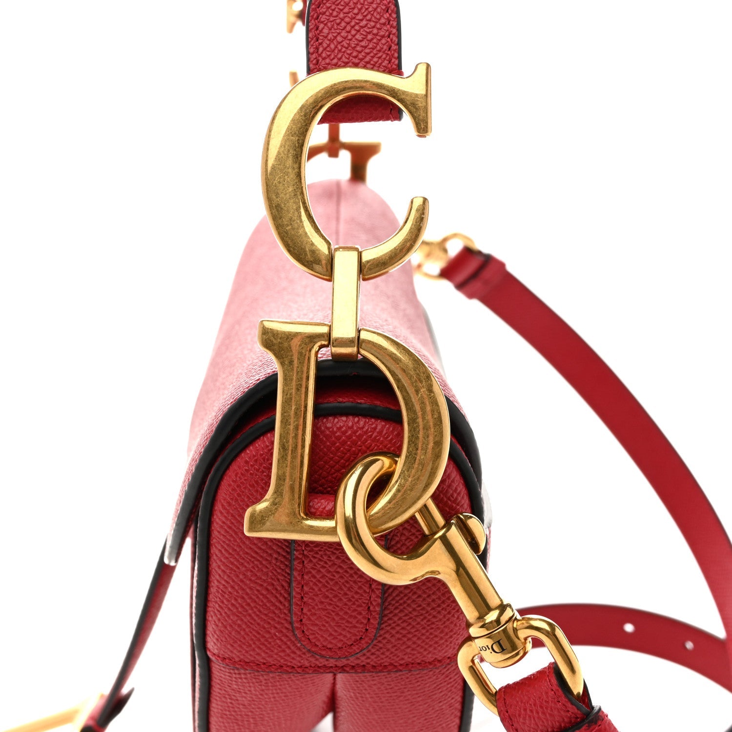 Christian Dior Grained Calfskin Saddle Bag With Strap Cherry Red