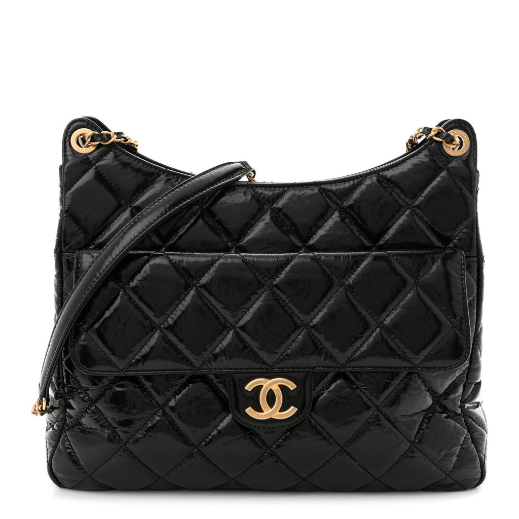 Chanel Shiny Crumpled Calfskin Quilted Large Wavy CC Hobo Black