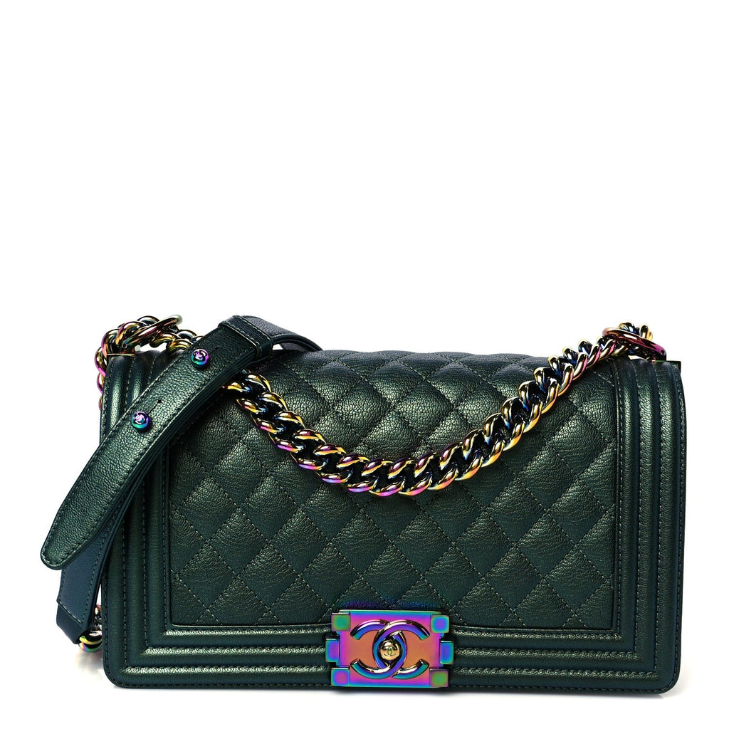 Chanel Iridescent Goatskin Quilted Medium Boy Flap Green