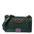 Chanel Iridescent Goatskin Quilted Medium Boy Flap Green